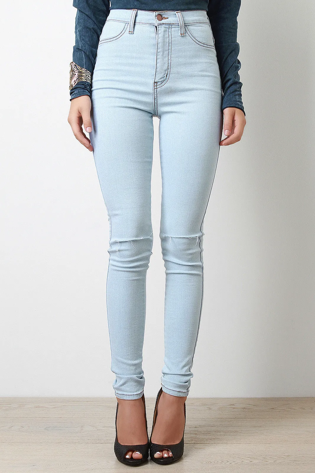 Distressed High Waisted Knee Slit Skinny Jeans