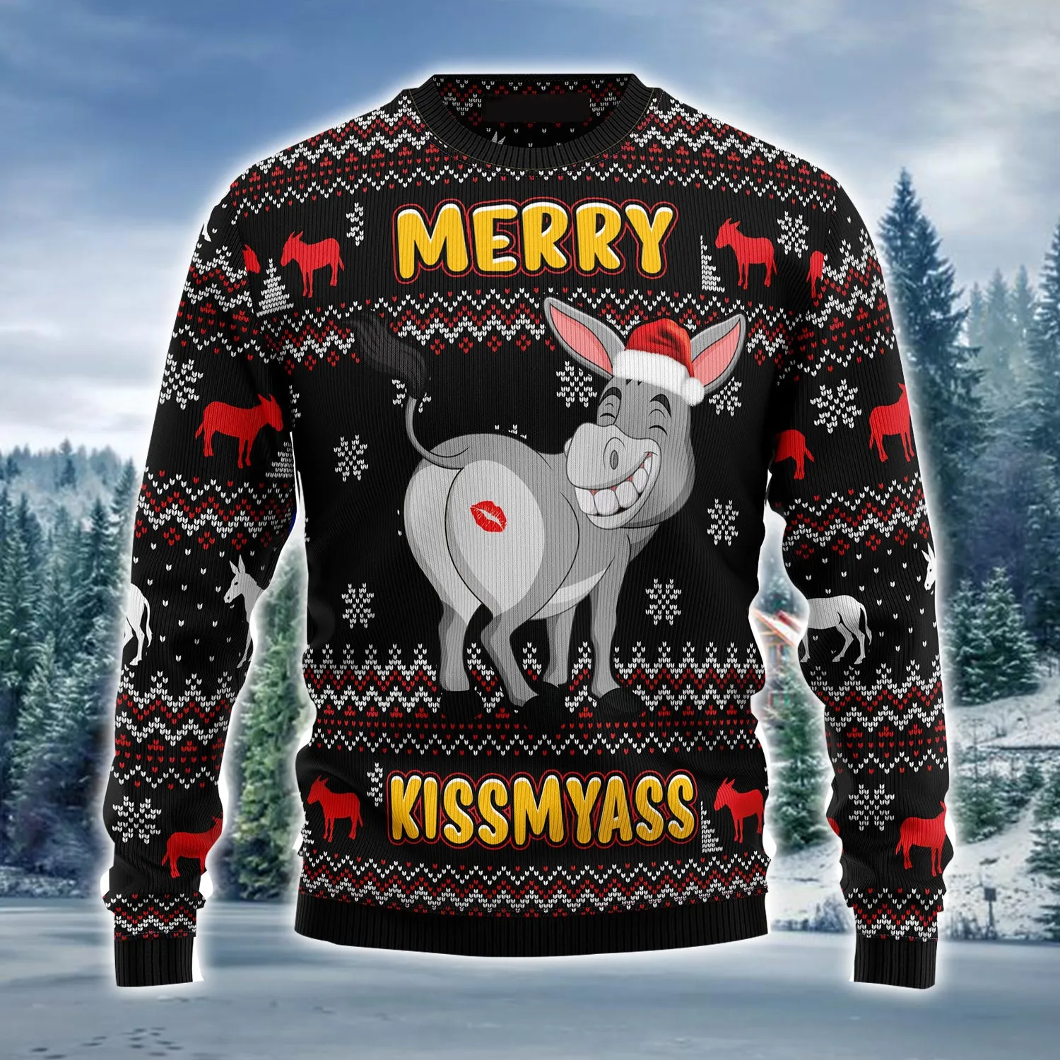 Donkeys Merry Kissmyass Ugly Christmas Sweater, Funny Christmas Ugly Sweater For Men & Wome