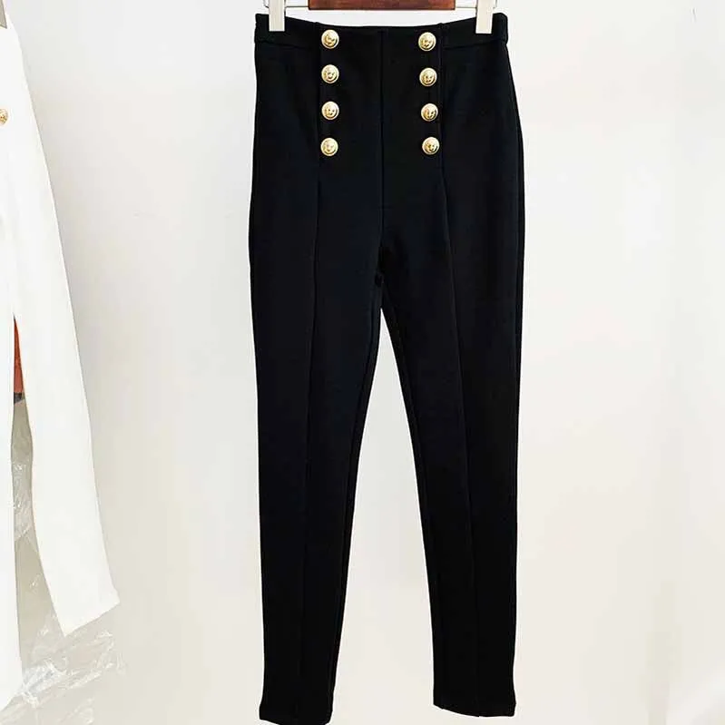 Elastic White Skinny Formal Pants Gold-tone Buttons Pencil Pants Black