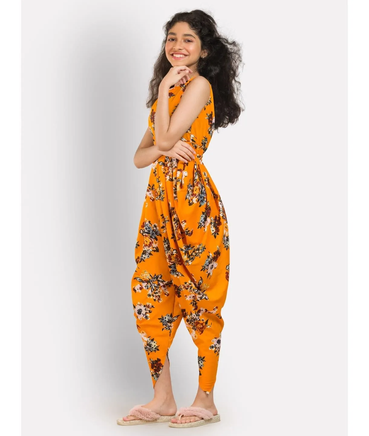 Elasticated Polka Print Dhoti Jumpsuit for Girls