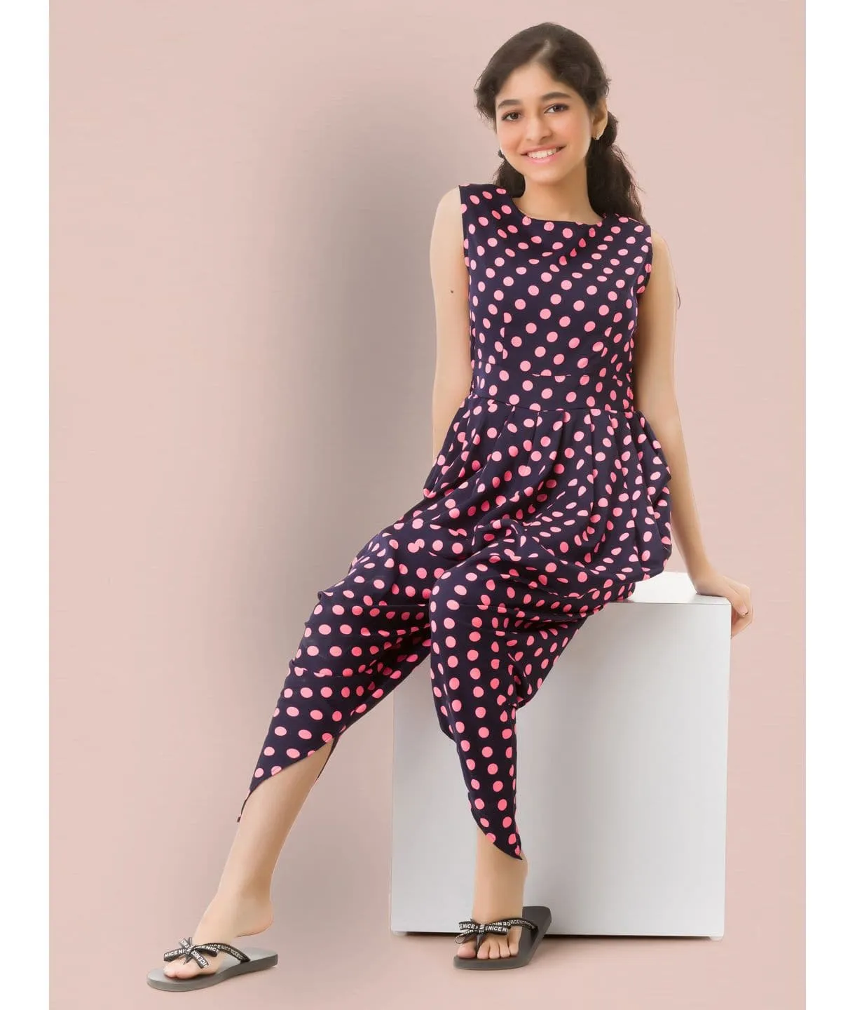 Elasticated Polka Print Dhoti Jumpsuit for Girls