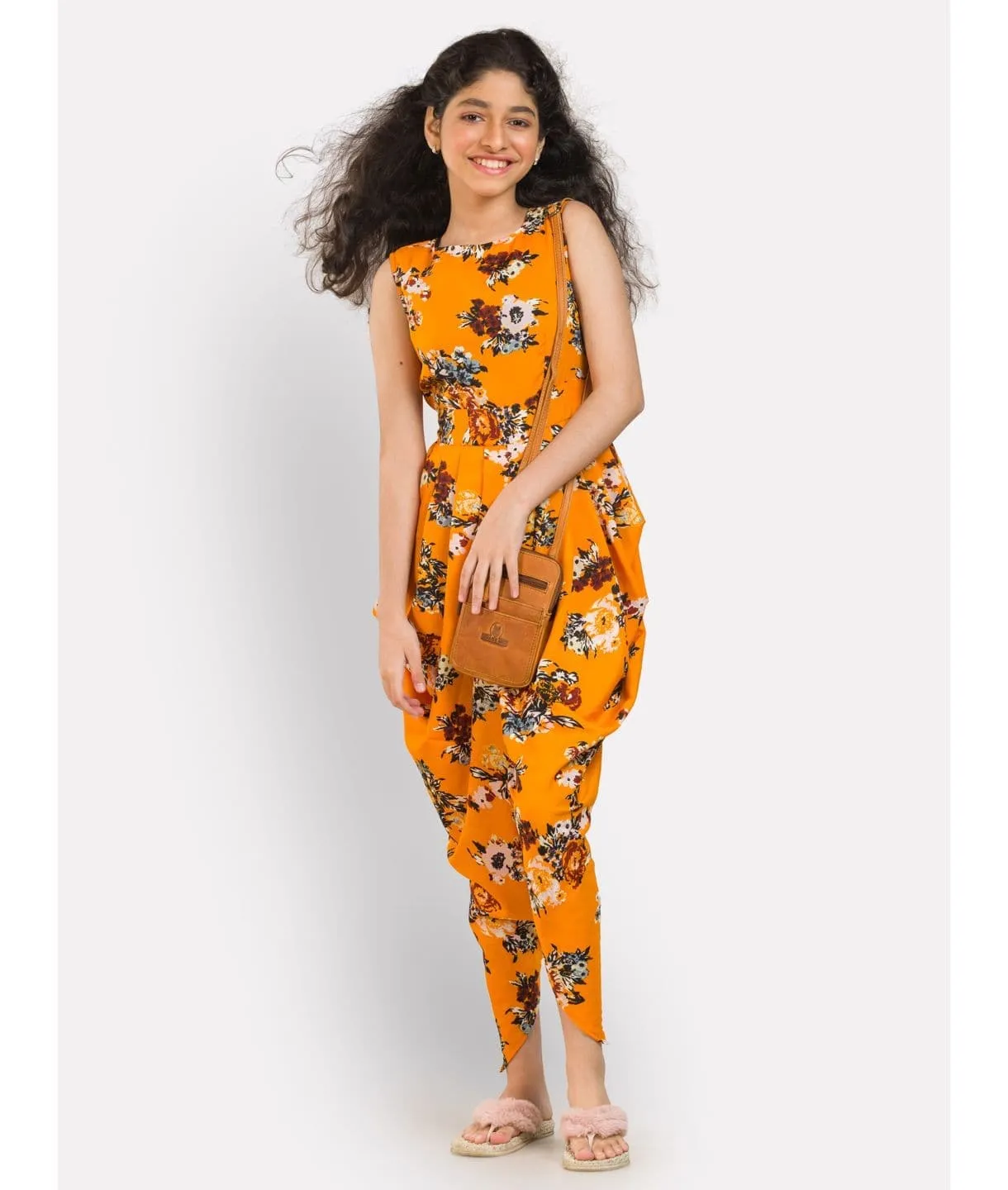 Elasticated Polka Print Dhoti Jumpsuit for Girls