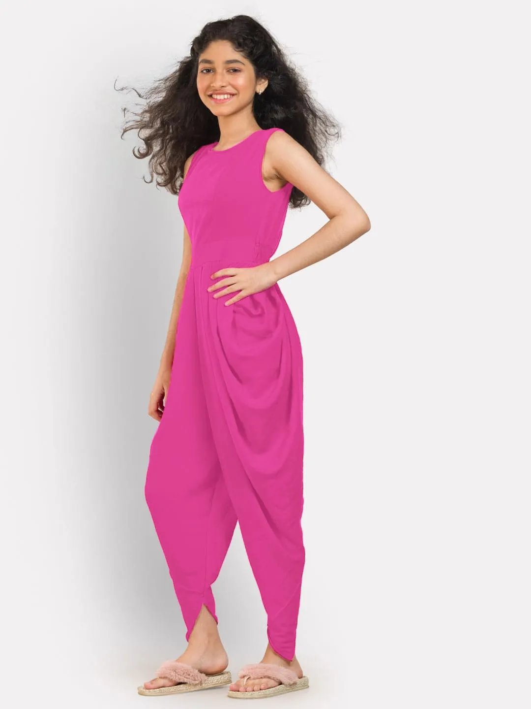 Elasticated Polka Print Dhoti Jumpsuit for Girls