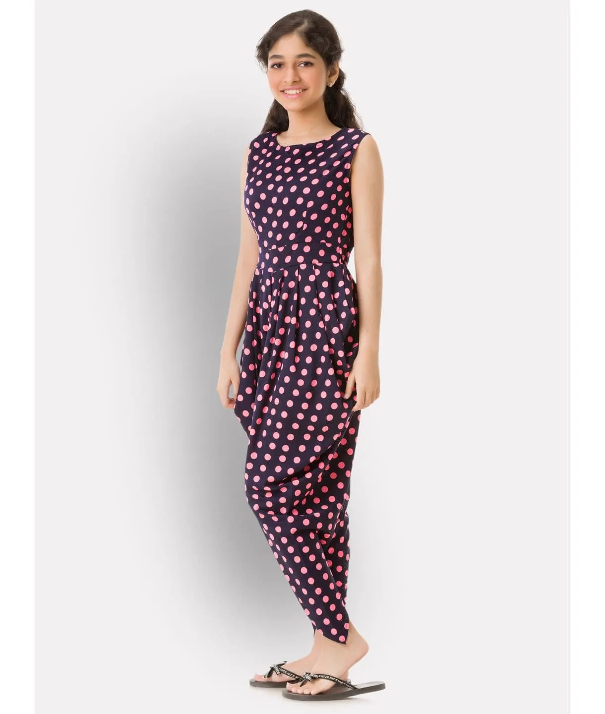 Elasticated Polka Print Dhoti Jumpsuit for Girls