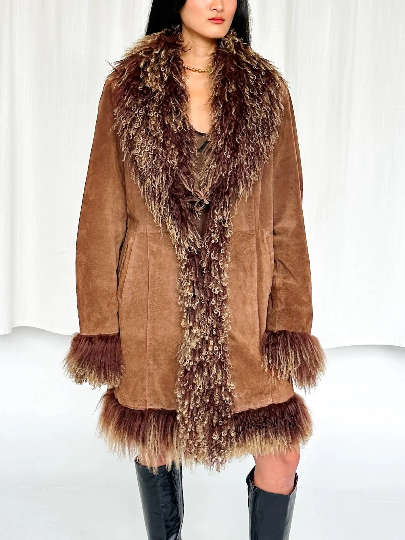 Espresso Suede Mongolian Fur Trim Coat (M-XXL)