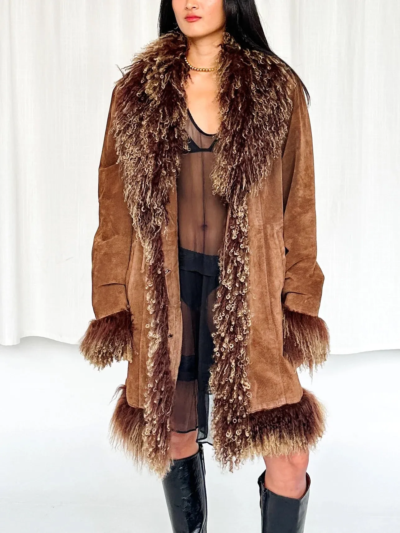 Espresso Suede Mongolian Fur Trim Coat (M-XXL)