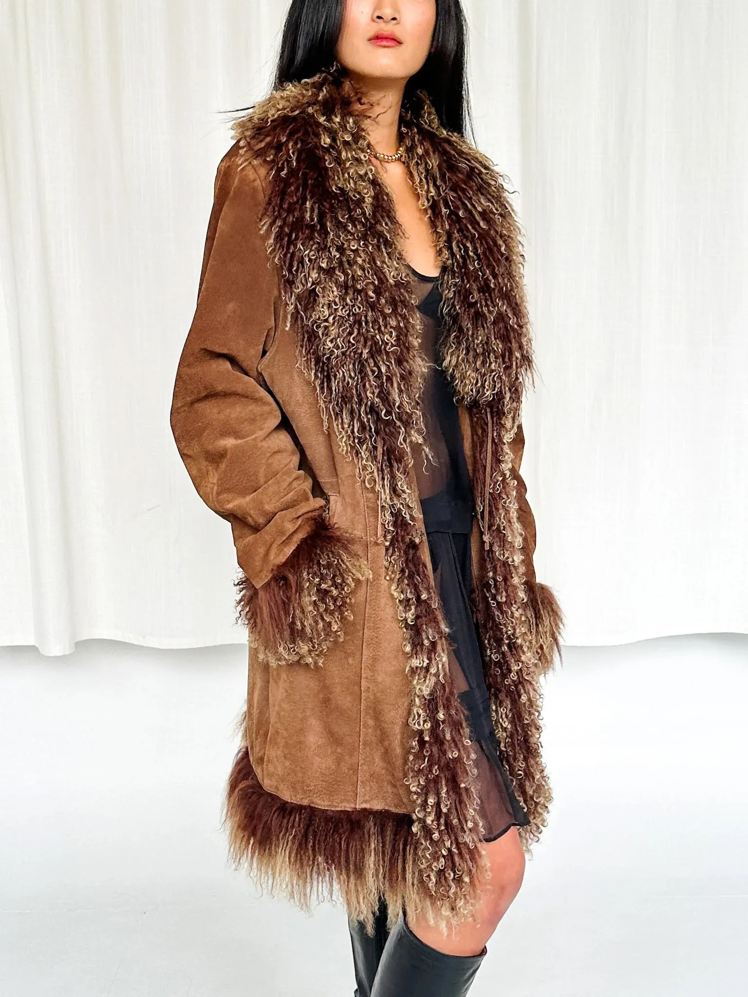 Espresso Suede Mongolian Fur Trim Coat (M-XXL)