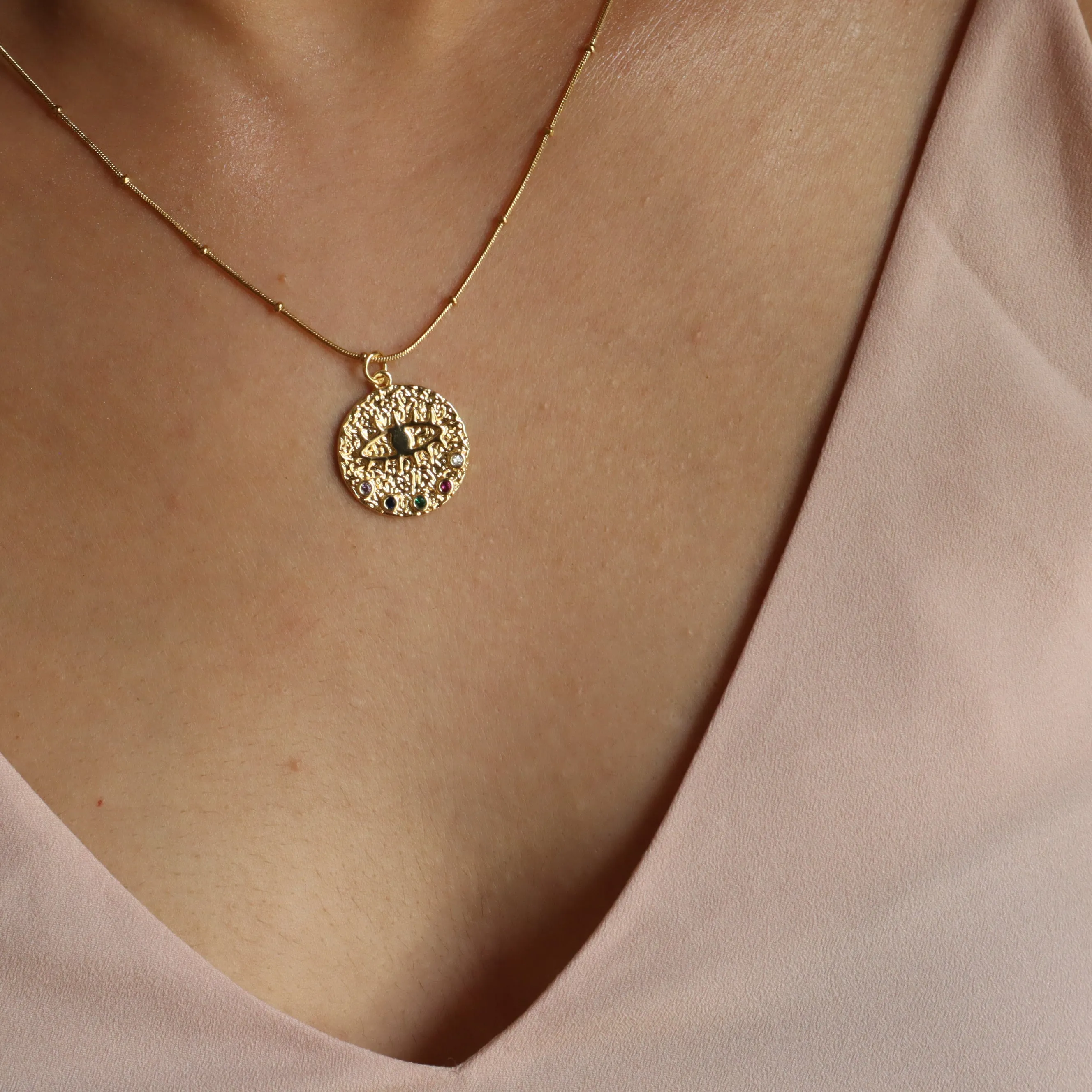 Evil Eye Disc 18K Gold Plated Necklace