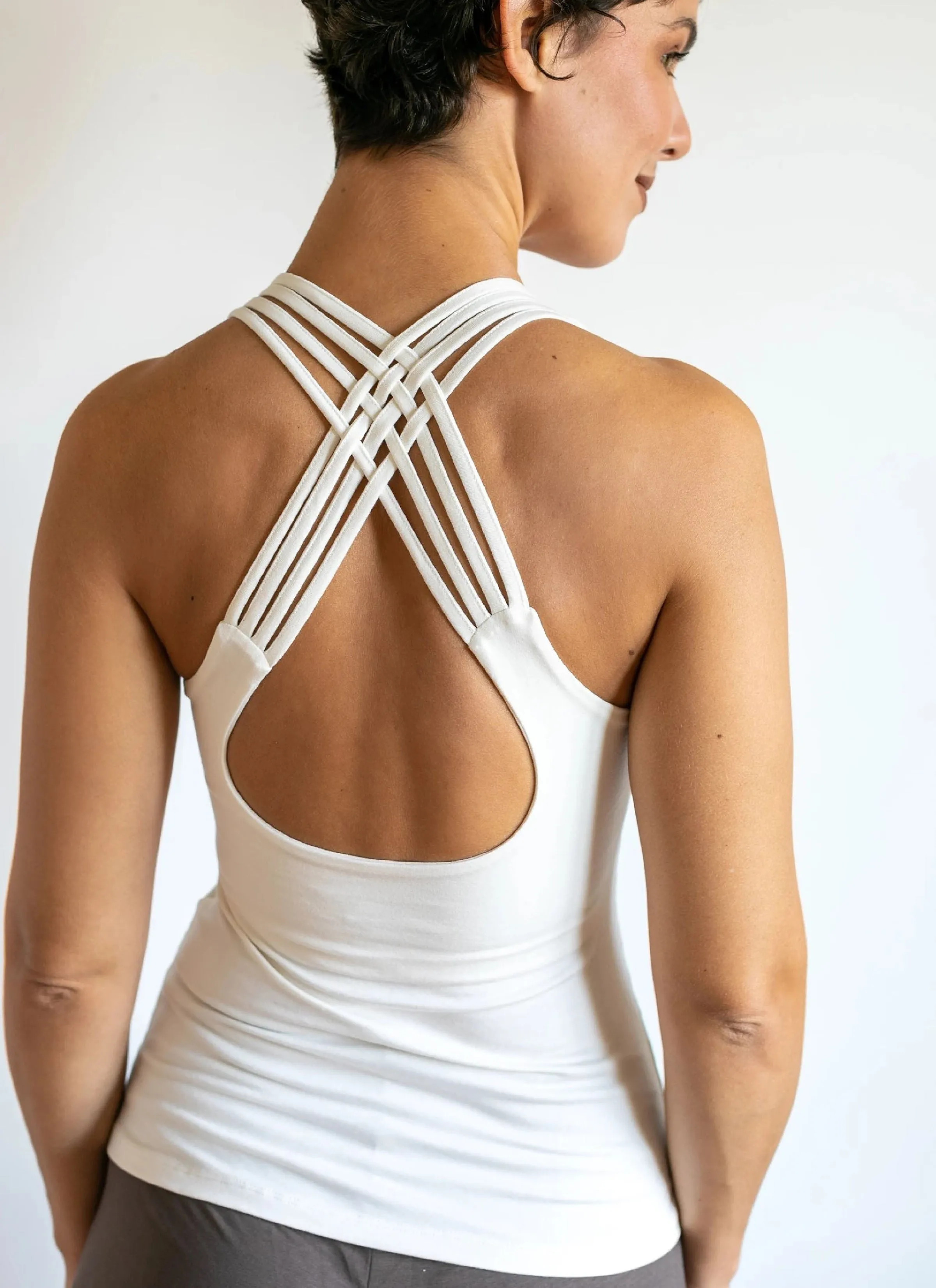 Faith Strappy Yoga Tank Top with Built in Bra in White