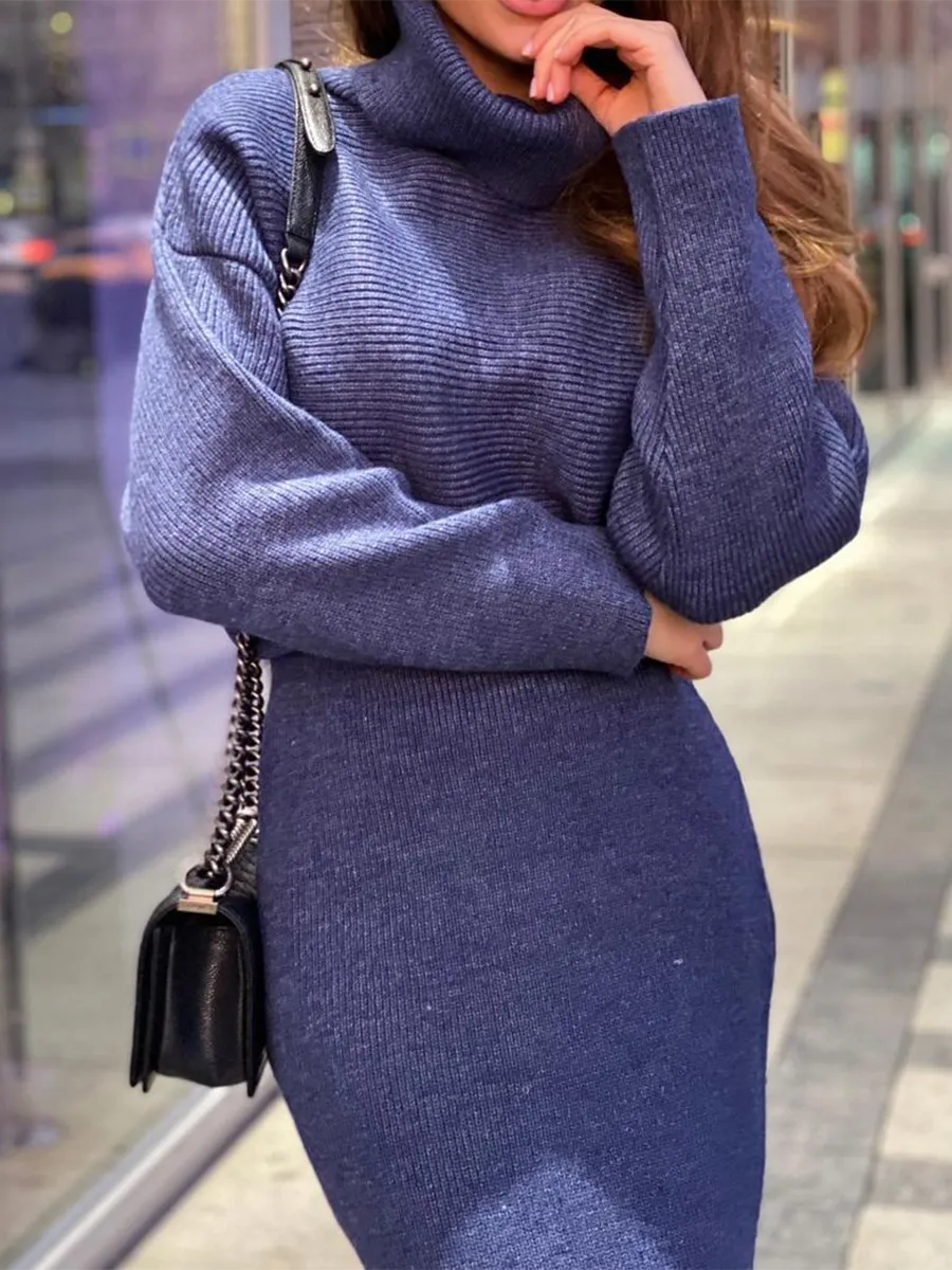 Fashion High Neck Slim Warm Knitted Sweater Dress