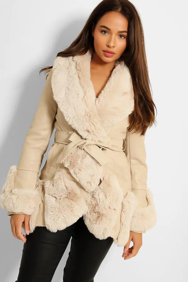 FAUX FUR TRIM BELTED LEATHER LOOK BEIGE JACKET