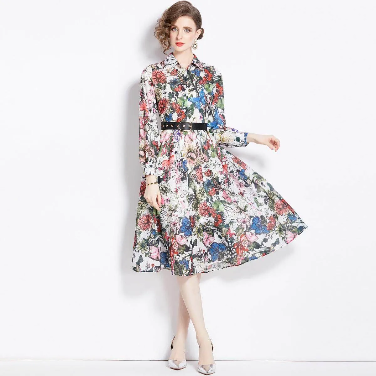 Floral Print Long Sleeve Cotton Dress with Waist Control