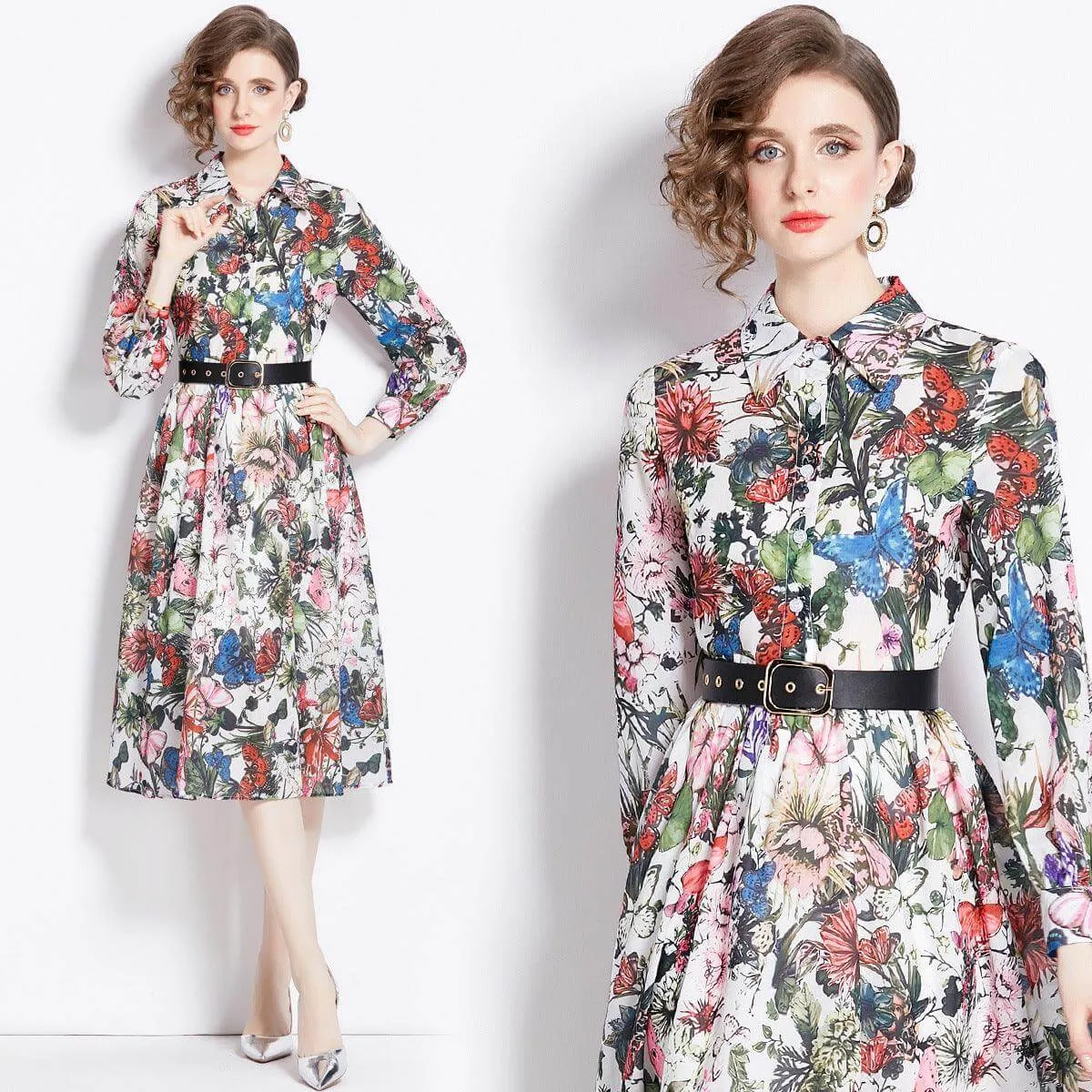 Floral Print Long Sleeve Cotton Dress with Waist Control