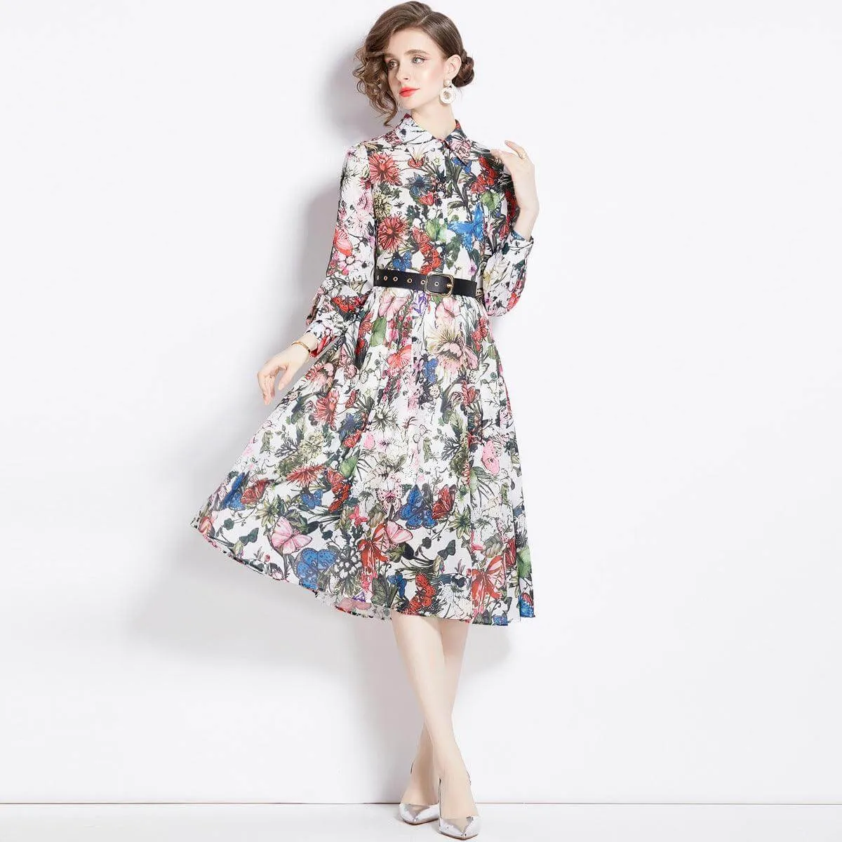 Floral Print Long Sleeve Cotton Dress with Waist Control