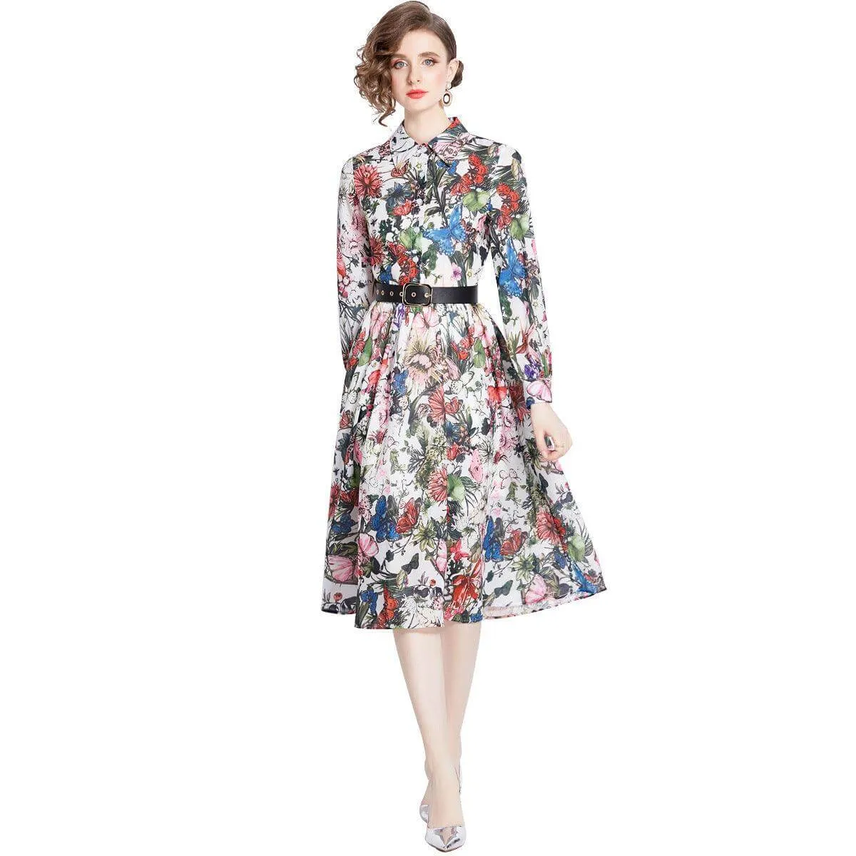 Floral Print Long Sleeve Cotton Dress with Waist Control