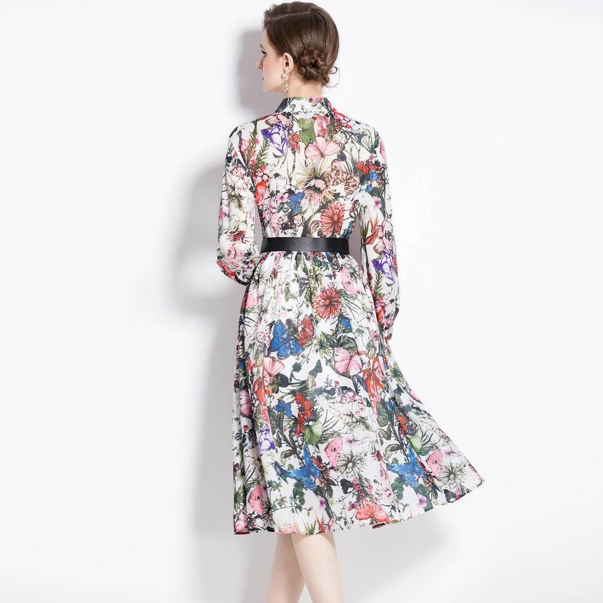 Floral Print Long Sleeve Cotton Dress with Waist Control