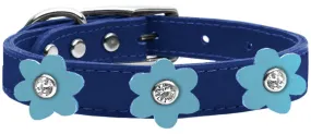 Flower Leather Collar Blue With Baby Blue Flowers Size 12