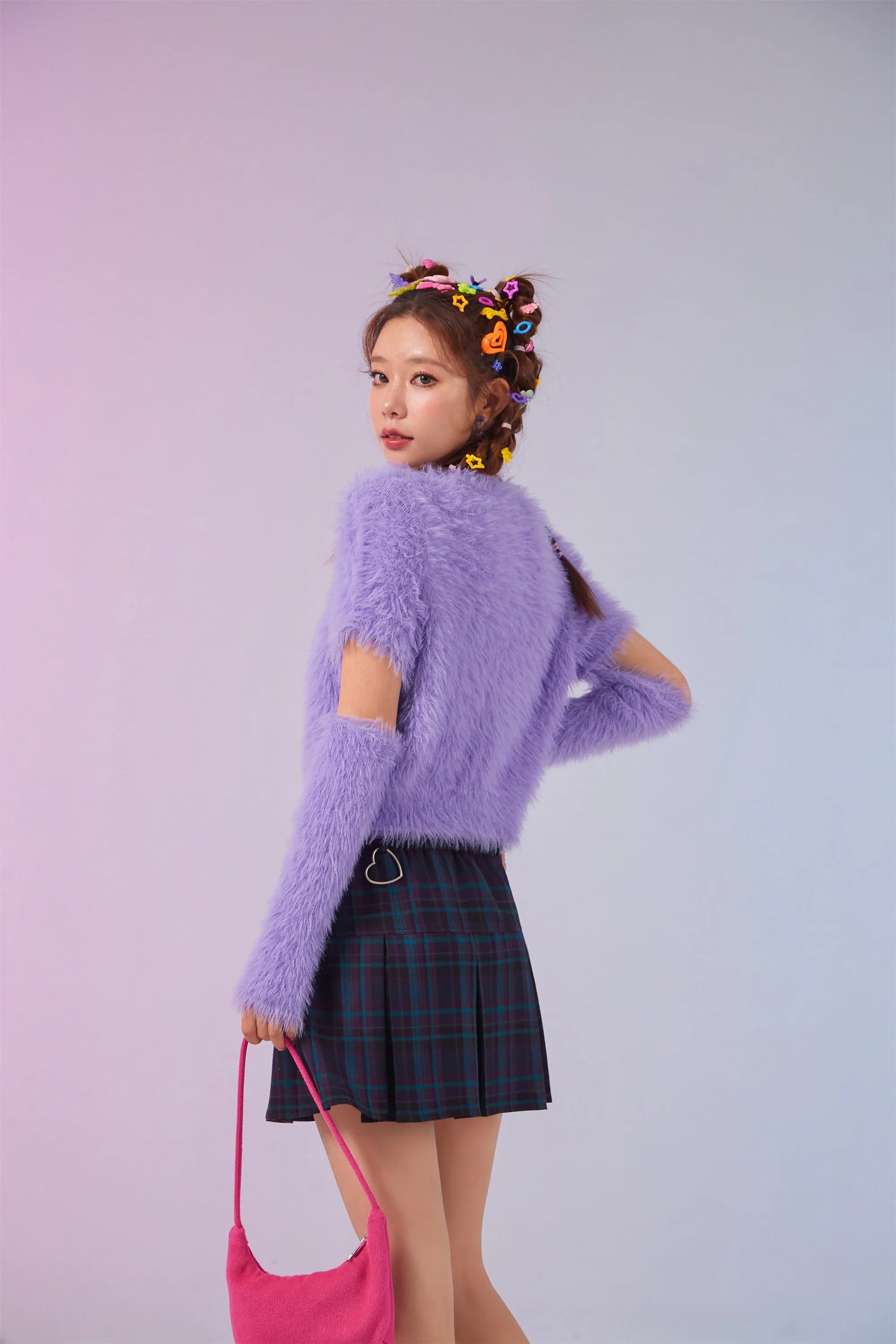 Fuzzy Sleeve Slit Crop Knit Sweater