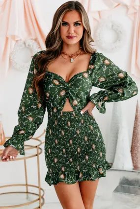 Garden Storm Floral Cut-Out Mini Dress (Hunter Green)