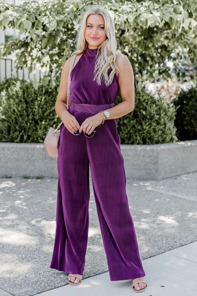 Glimmer Of Hope Plum Plisse Halter Neck Jumpsuit FINAL SALE