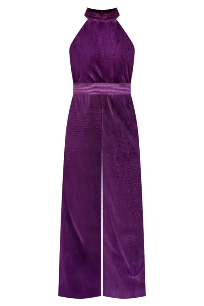 Glimmer Of Hope Plum Plisse Halter Neck Jumpsuit FINAL SALE