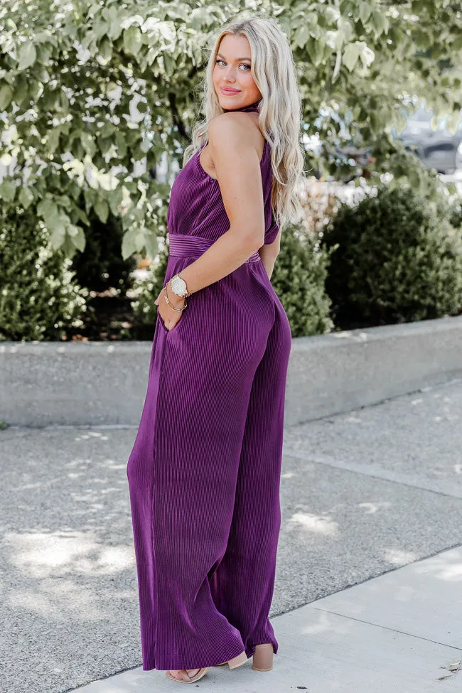 Glimmer Of Hope Plum Plisse Halter Neck Jumpsuit FINAL SALE