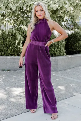 Glimmer Of Hope Plum Plisse Halter Neck Jumpsuit FINAL SALE