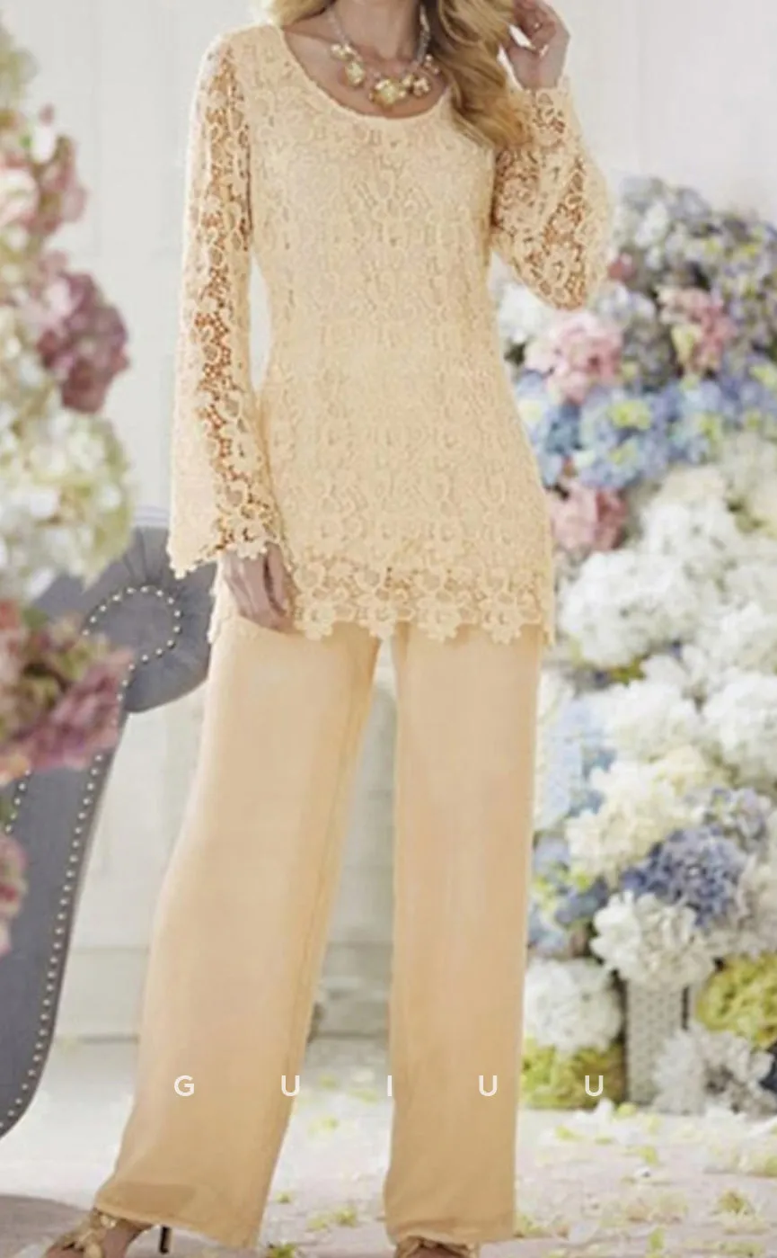 GM104 - Two Piece Jumpsuit Scoop Neck Ankle Length Chiffon Lace Long Sleeves Mother of the Bride Dress