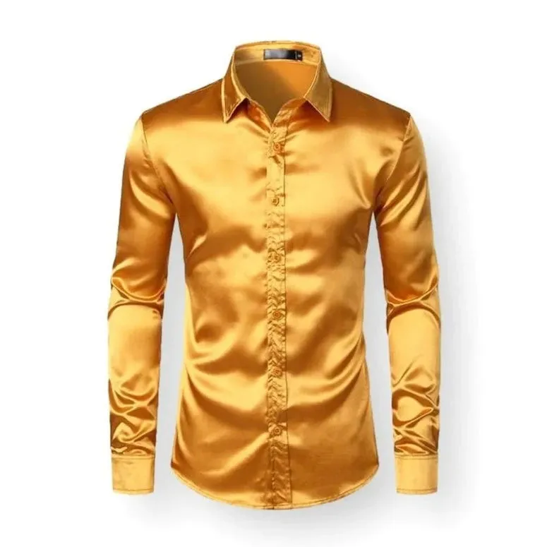 Gold Men's Shiny Satin Silk Dress Shirt Long Sleeve Casual Slim Fit