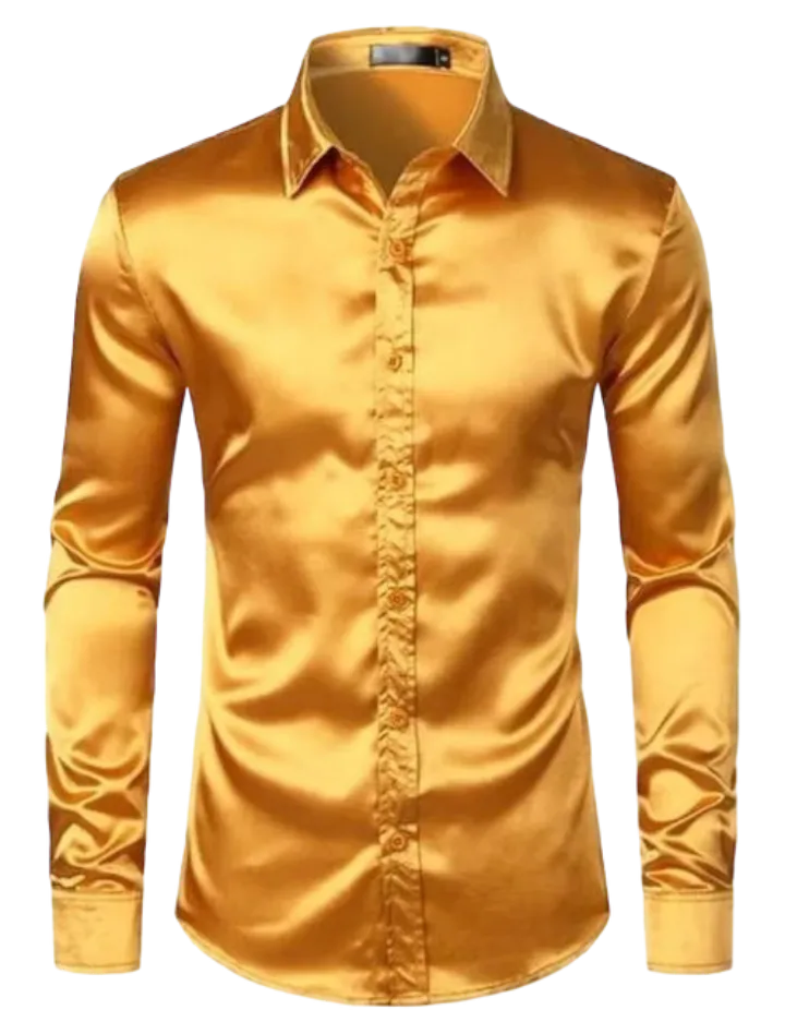 Gold Men's Shiny Satin Silk Dress Shirt Long Sleeve Casual Slim Fit