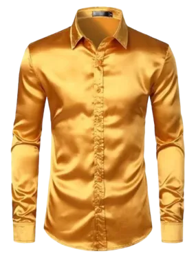 Gold Men's Shiny Satin Silk Dress Shirt Long Sleeve Casual Slim Fit