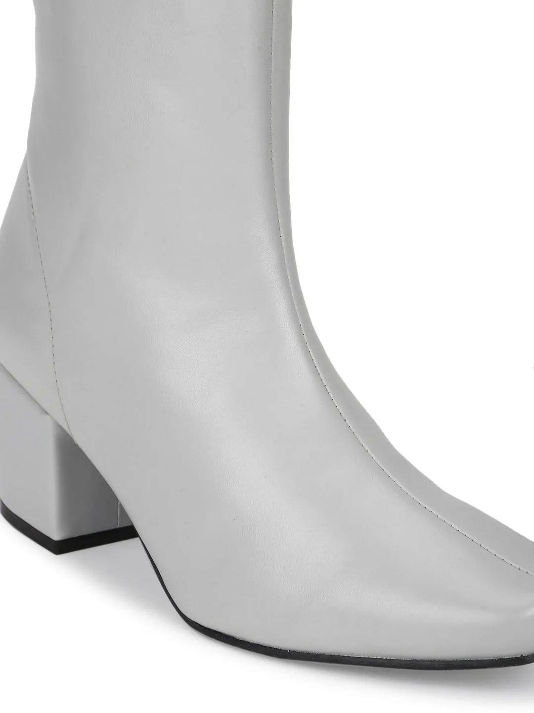 Grey PU Zip Up Block Heel Ankle Boots