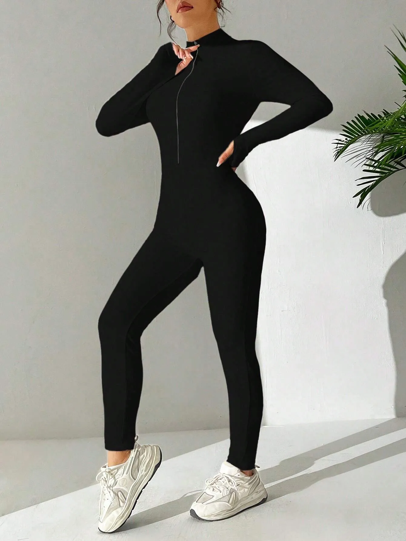 Half Zipper Stand Collar Solid Color Jumpsuit SS24