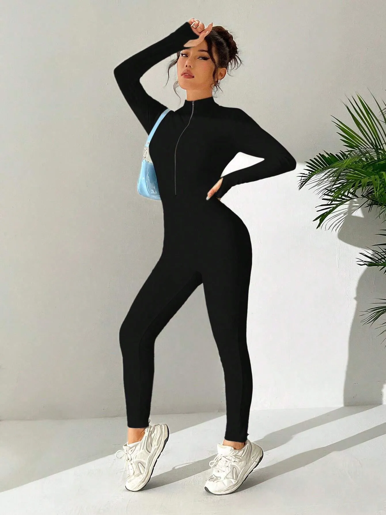 Half Zipper Stand Collar Solid Color Jumpsuit SS24