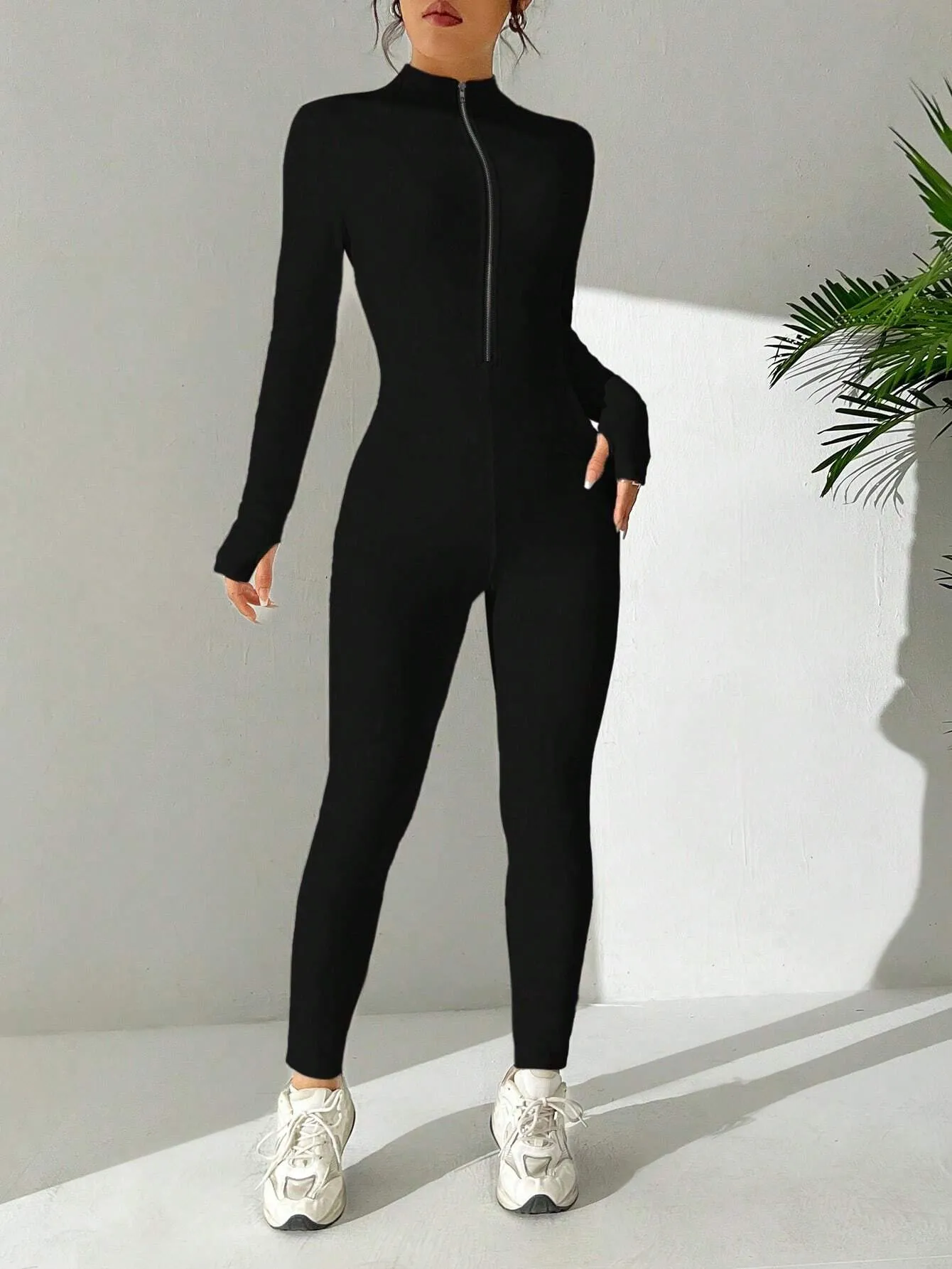 Half Zipper Stand Collar Solid Color Jumpsuit SS24