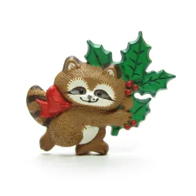 Hallmark Raccoon Pin with Holly Vintage 1986 Christmas Lapel