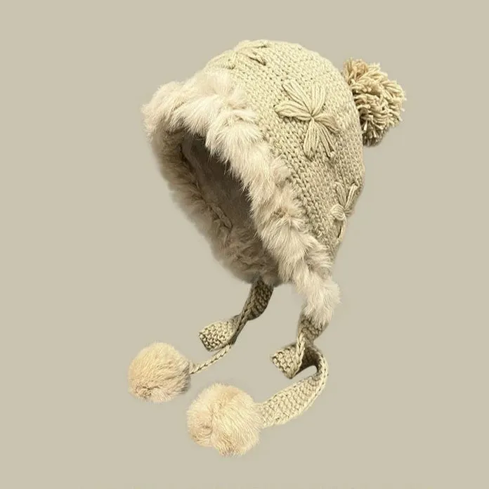 Hand-Knitted Rabbit Fur Thunder Front Hat  Sweet Winter Warmth with Cute Furball