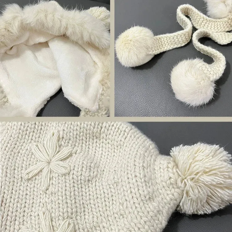 Hand-Knitted Rabbit Fur Thunder Front Hat  Sweet Winter Warmth with Cute Furball