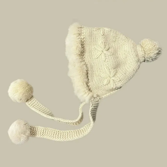 Hand-Knitted Rabbit Fur Thunder Front Hat  Sweet Winter Warmth with Cute Furball