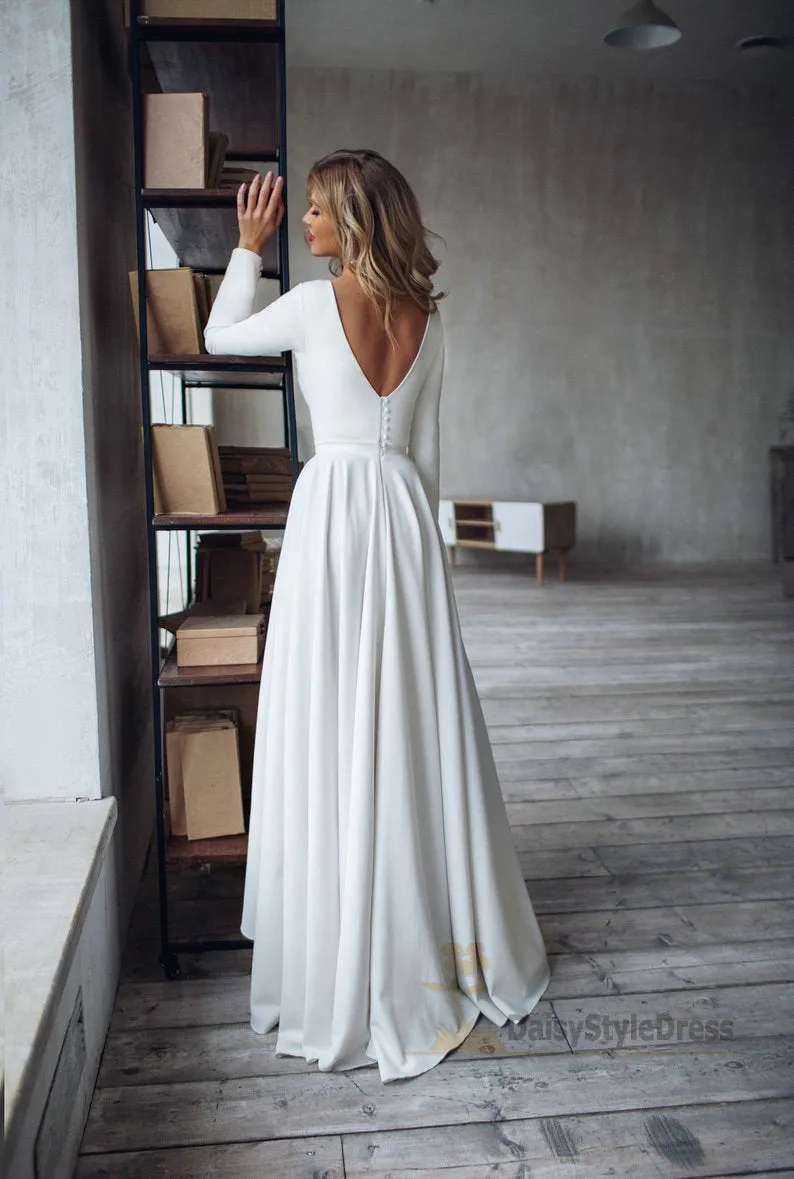 Informal Long Sleeve High Low V-back Boho Wedding Dress