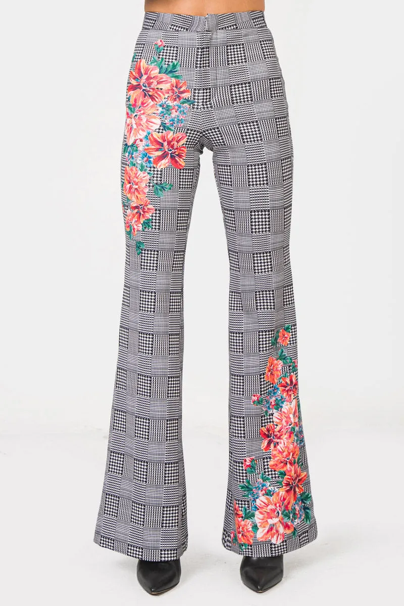 Ivory Flared Scuba Pants With Houndstooth and Floral Print