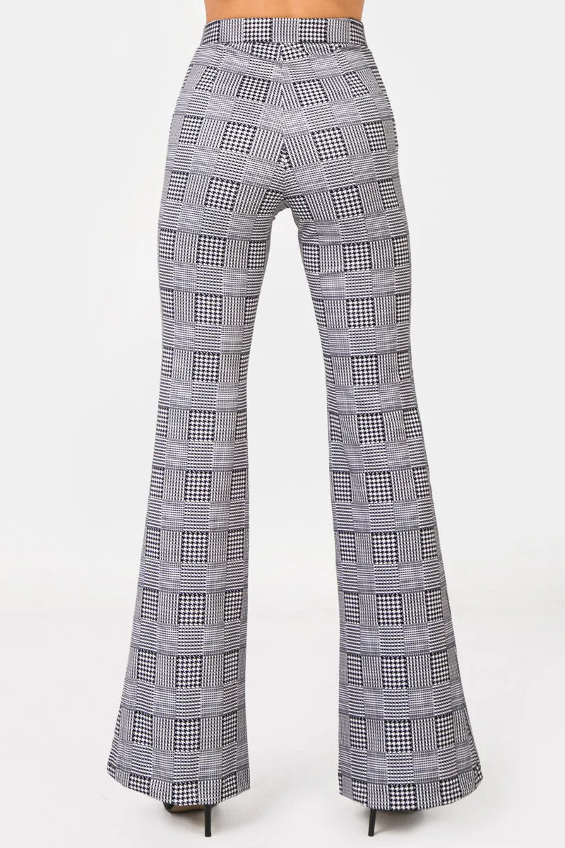 Ivory Flared Scuba Pants With Houndstooth and Floral Print