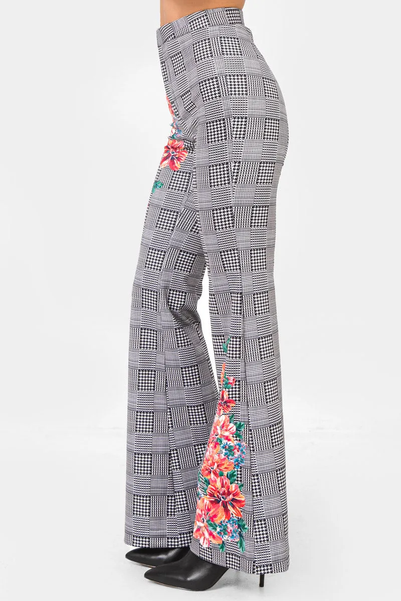 Ivory Flared Scuba Pants With Houndstooth and Floral Print