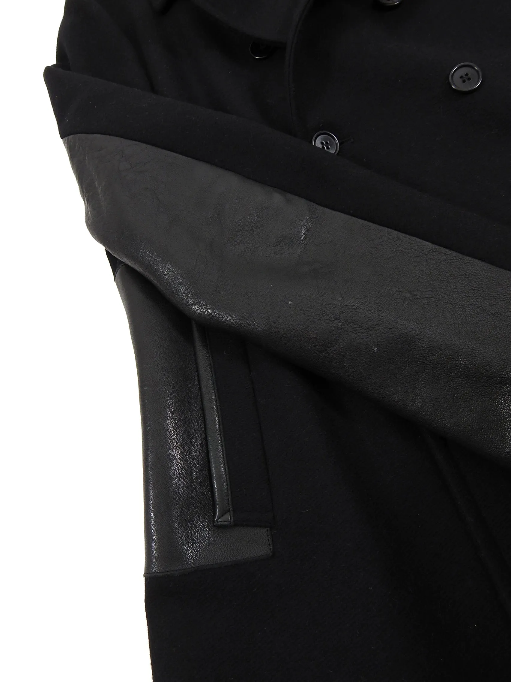 John Varvatos Black Wool and Leather Trim Pea Coat - M