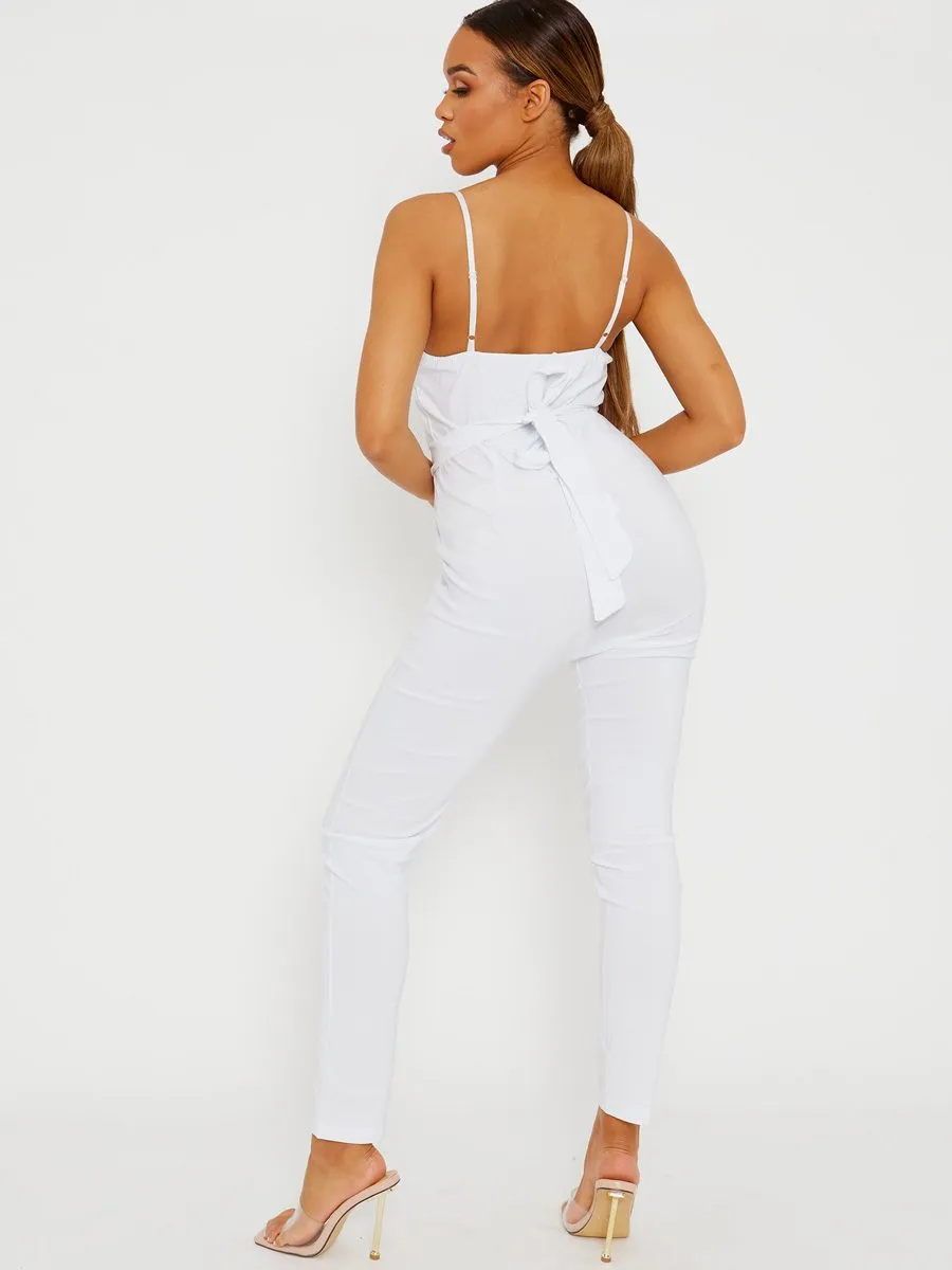 Keyra Zip Front Belted Cami Jumpsuit In White