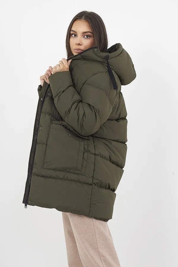 KHAKI OVERSIZED LONGER LENGTH PADDED HOODED JACKET