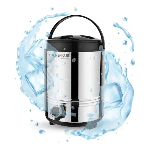 Kitchen Clue Stainless Steel Water Jug with PU Insulated Thermosteel with Carry Handle I Big Size 8 Liters of Capacity I Silver Color I Hot and Cold Water Dispenser for Kitchen Home Office