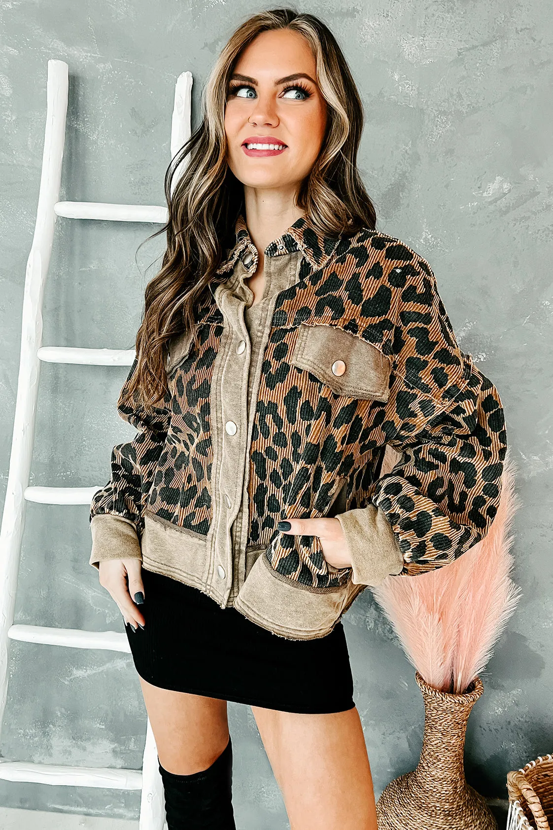 Leopard Lady Corduroy Leopard Print Shacket (Brown)