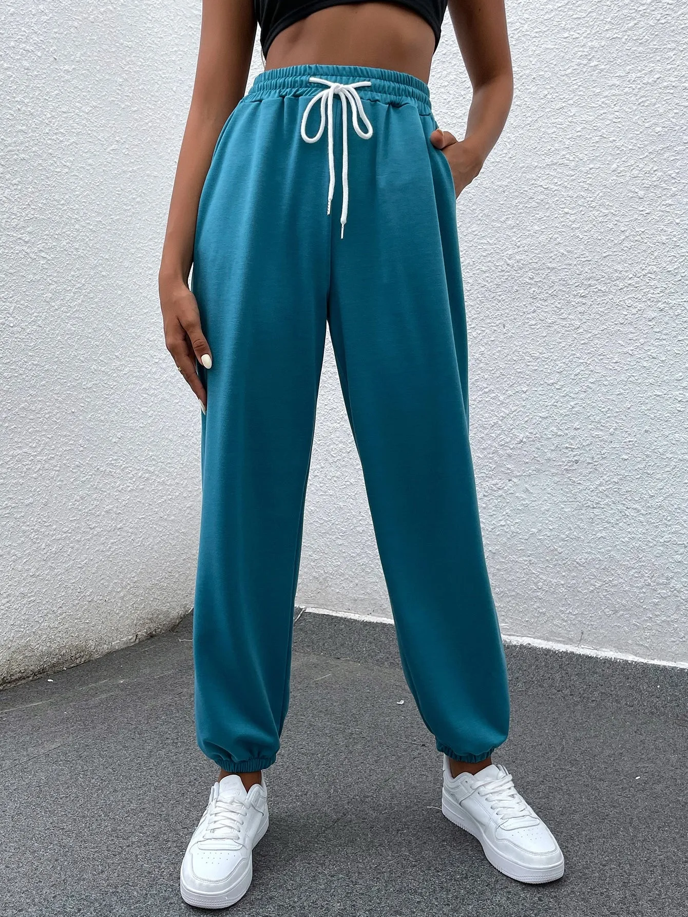 Letter Drawstring Natural Cropped Women Sweatpants