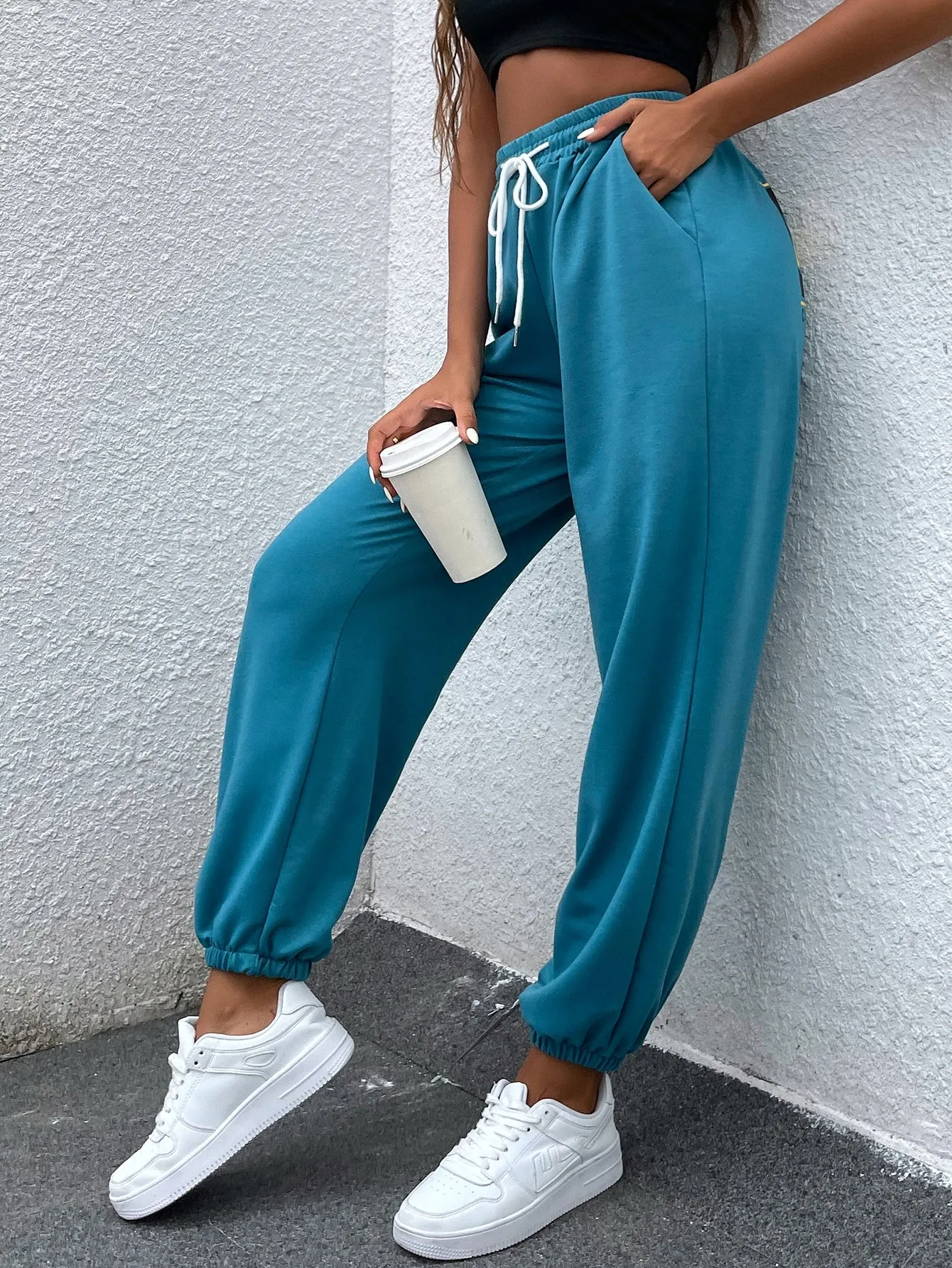 Letter Drawstring Natural Cropped Women Sweatpants